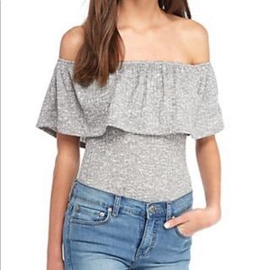 Everly Gray bodysuit with ruffle across top